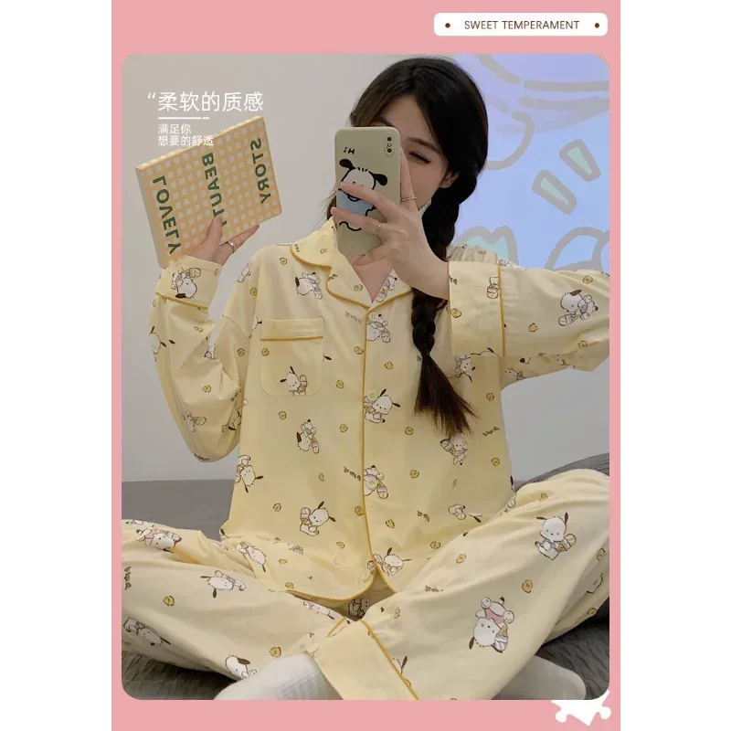 

Sanrio Pacha Dog Silk Pajamas Women's Autumn Cotton Long Sleeve Pants Cartoon Women's Pajamas Homewear Pajamas Pants Set