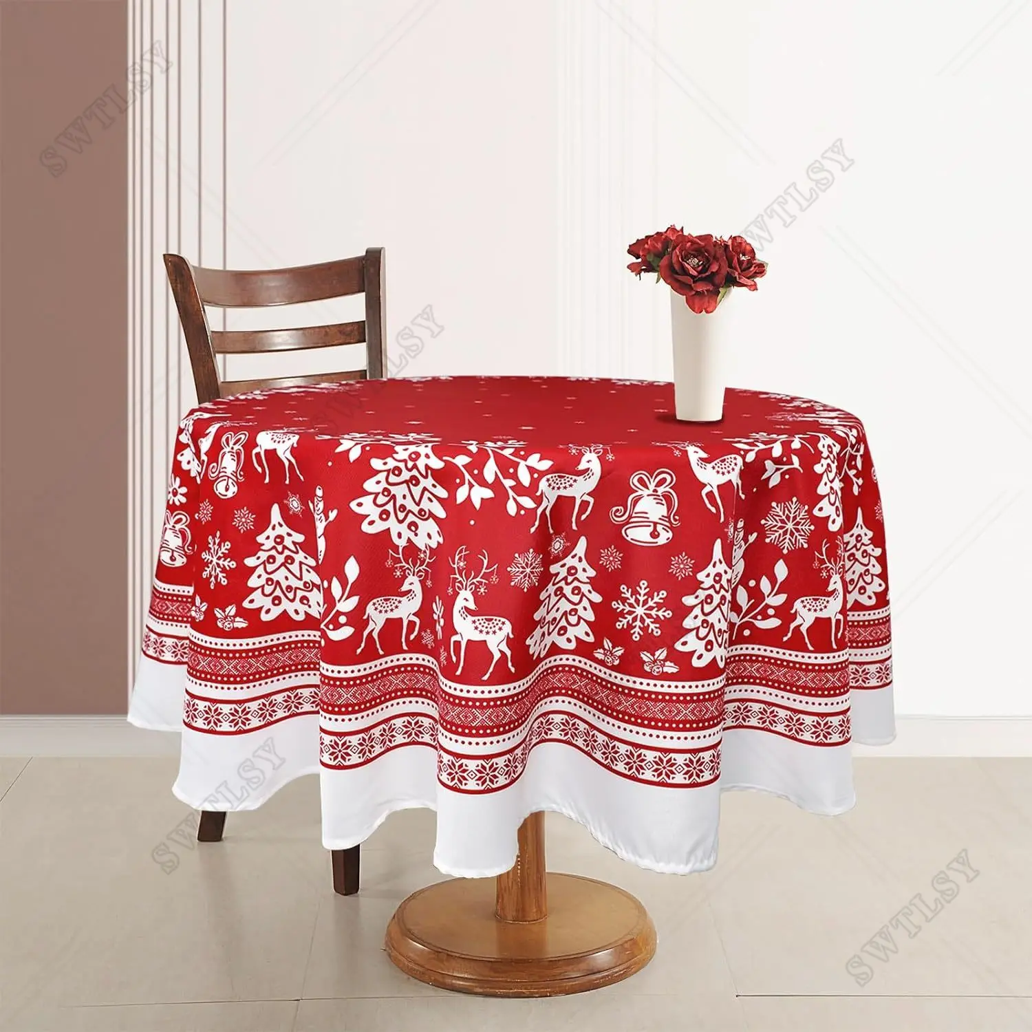 Waterproof Christmas Tablecloth for Round Table, New Year's Floral Table Cloth, 60x60 in