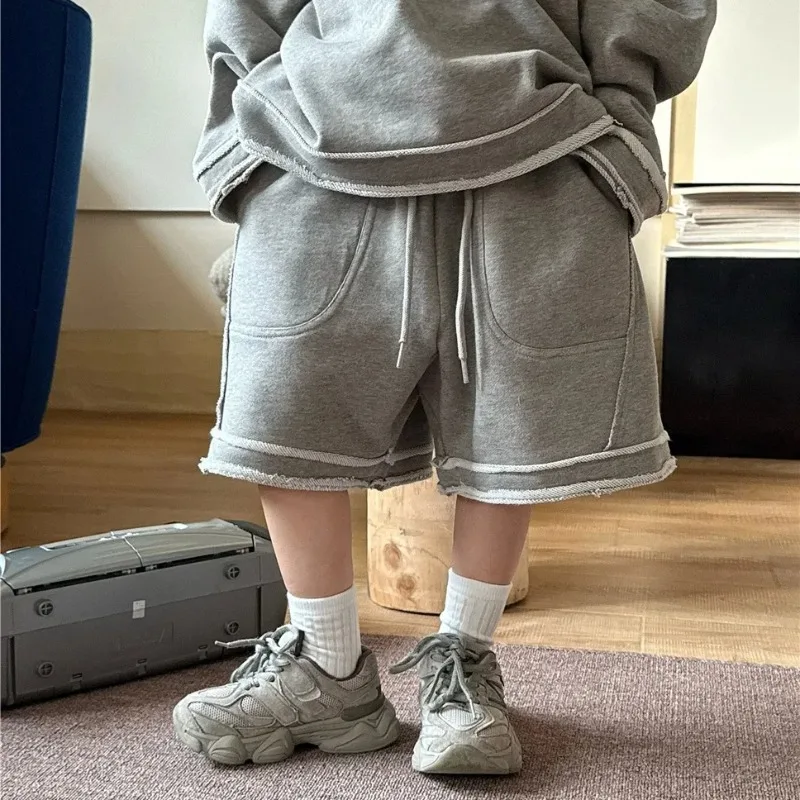 Children's Splicing Edge Hoodie Shorts Set 2025 Spring Summer Collection Fashion Korean Simple Style 2pieces
