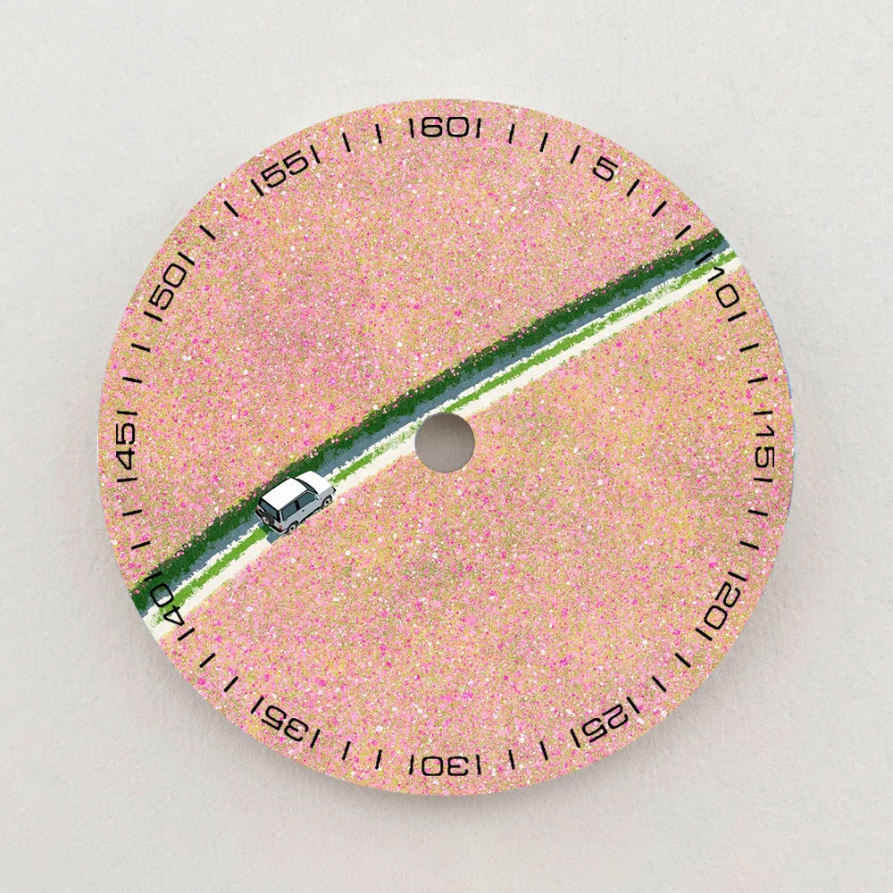 28.5mm NH35 Dial Pink Flower Field Road Car Pattern Dial Luminous Dial Color NH36 Dial Watch Accessories Fits NH35/36 Movements
