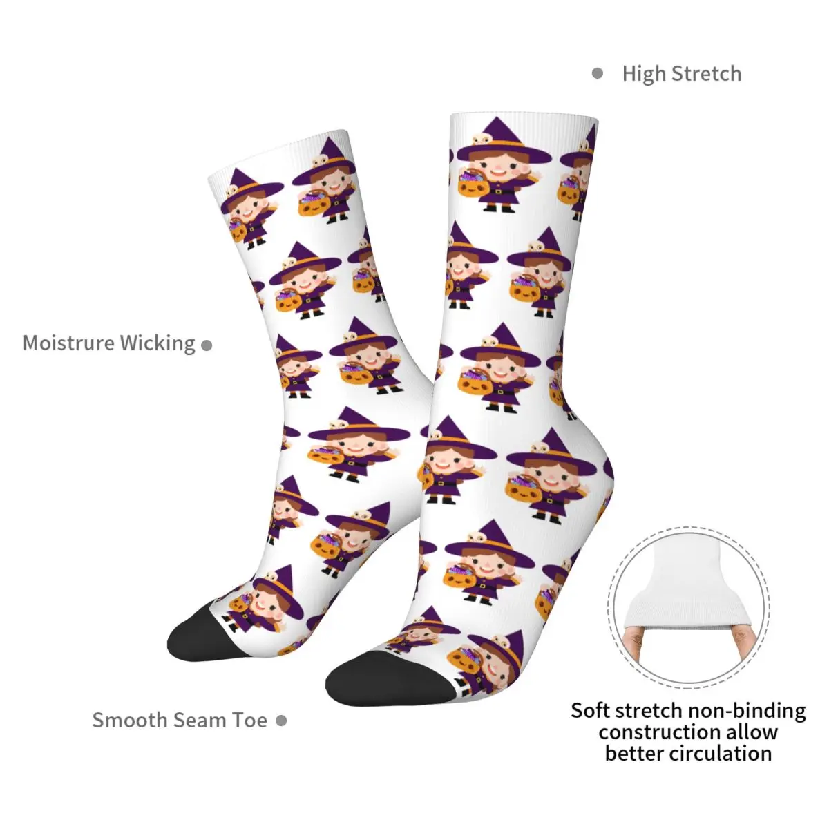 Cute Witches Halloween With Candies, Sweets Pumpkin Basket Socks Harajuku Stockings All Season Long Socks for Unisex Gifts