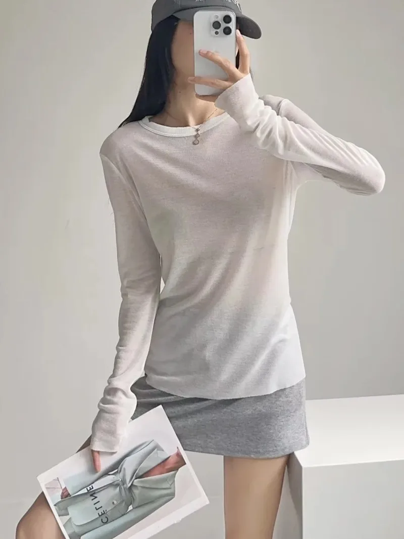 Thin Style Long Sleeved Sun Protection Shirt Women's 2024 Summer New Ins Style Micro Transparent Mesh Bottom Shirt Top C776