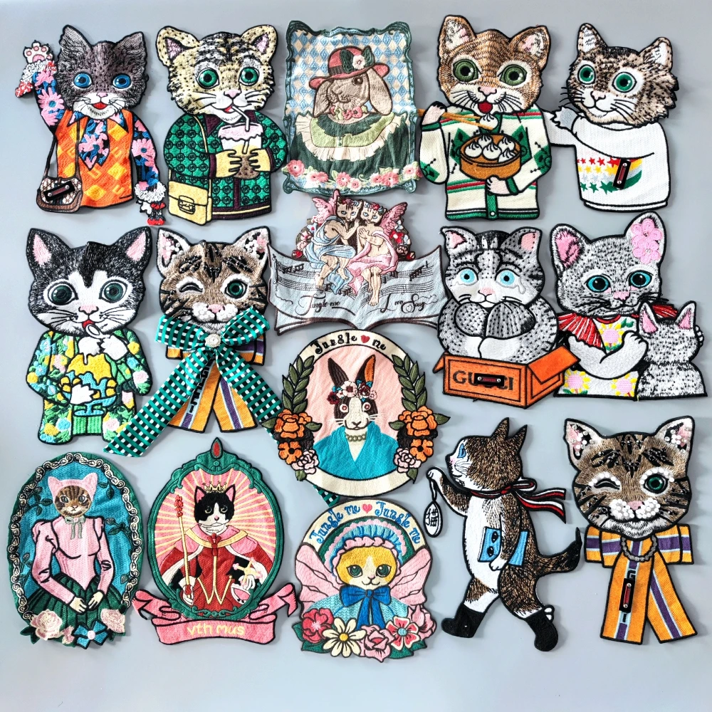 Embroidery Beaded Cat Patch,cats Sequined Badges,cute Animal Beads Appliques,cartoon Patches for Clothing DIY Accessory WF227308