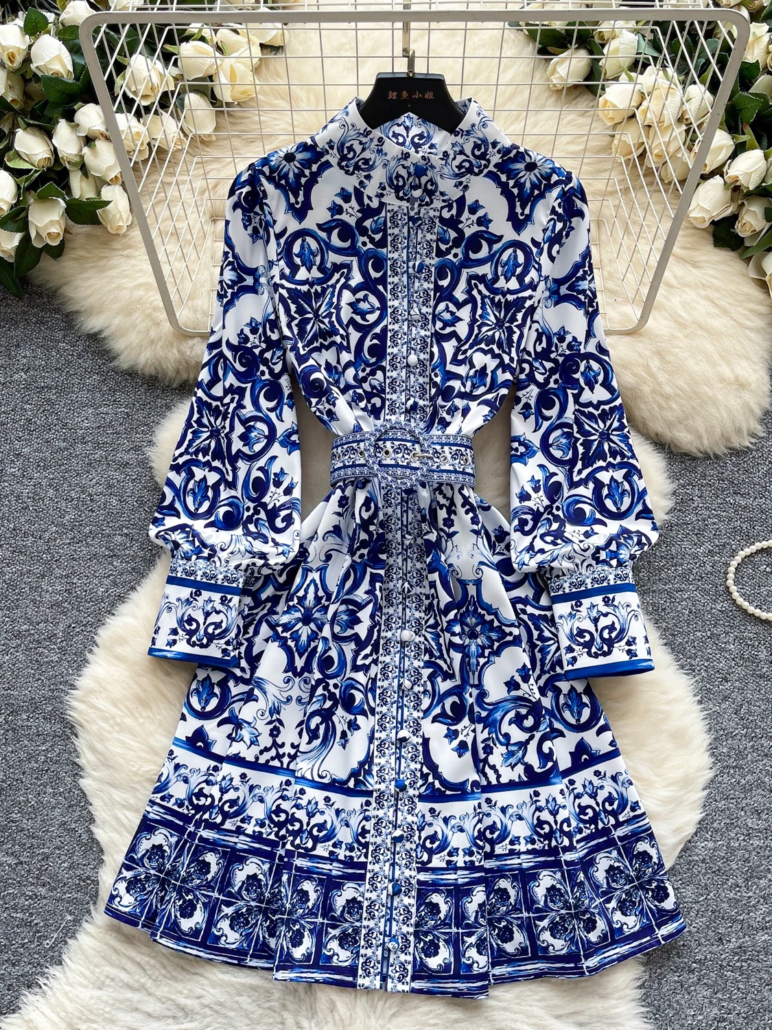 Lanterne imprimée rétro Court Sle Sve Dr pour femmes, col montant, cintré à la taille, amincissante, mi-longue, été