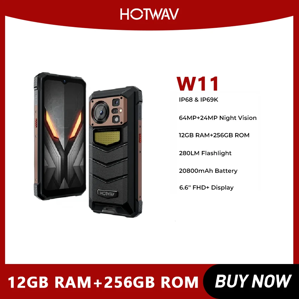 HOTWAV-W11 Rugged Smartphone, Fast Charging Cellphones, FHD +, 24MP Night Vision Camera, 20800mAh, 280LM Flashlight, 33W, 6.6''