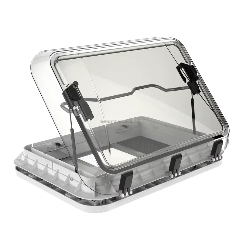 Aluminum Frame RV Roof Vent with Pneumatic Strut Lift Hollow Acrylic Cover for Caravan Trailer Sunroof Window Airflow System