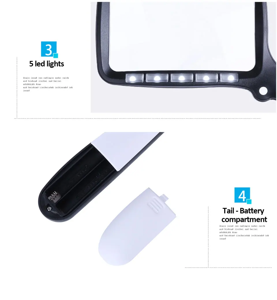 Tragbare quadratische Klapplupe mit 5 LED-Leuchten, professionelle hochauflösende optische Lupe zum Lesen älterer Menschen – Detail 10