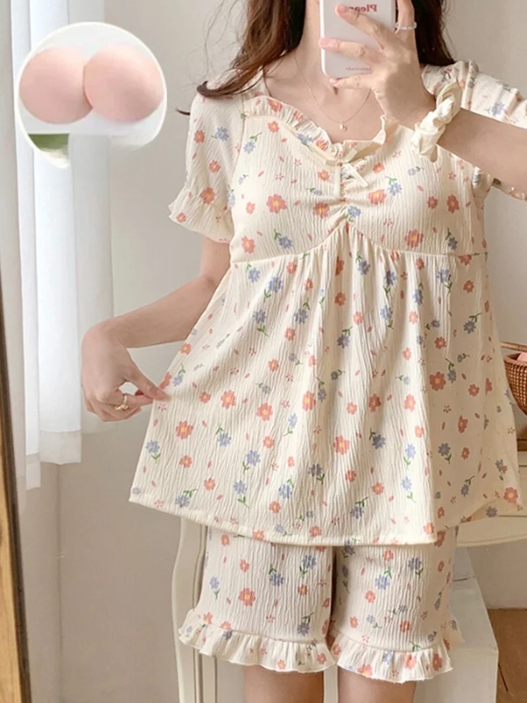 

Summer New Women's Sleepwear Set Pure Cotton Short Sleeve with Chest Pad Loose Fit Sweet Princess Style Home Clothes 2 Pieces