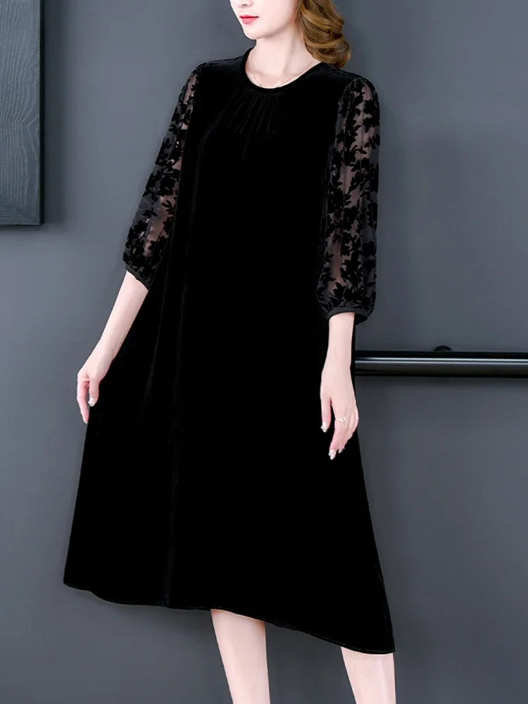 Autumn Winter Black Velvet Chic Hook Flower Hollow Sexy Midi Dress Women Solid Elegant Bodycon Dress 2024 Korean Vintage Dresses