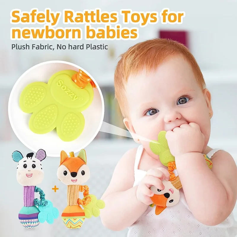 Shaker de chocalhos macios para bebês, desenvolvimento infantil, aperto de mão, brinquedos sensoriais estridentes com mordedor, 0-12M