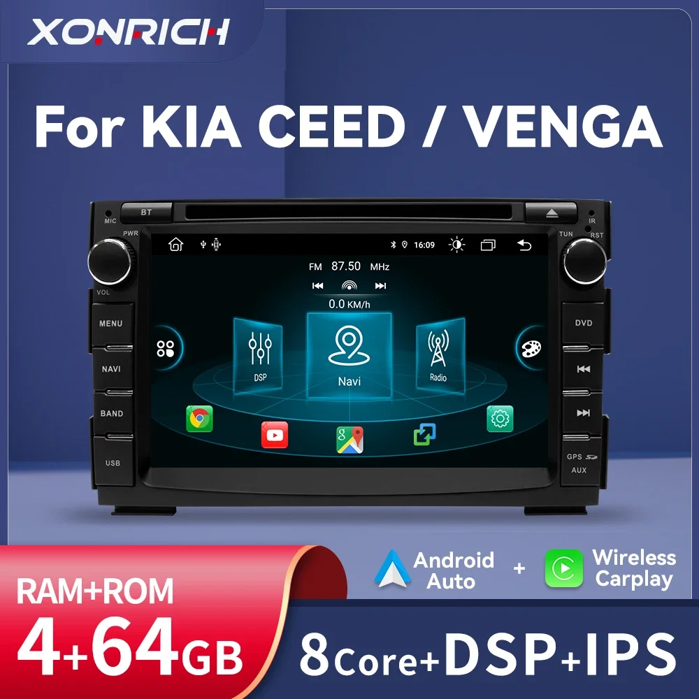 Carplay 4GB 64GB 2Din Android14 Car Multimedia Player For Kia Ceed 2010 2011 2012 Venga Stereo Radio GPS Glonass Navigation Wifi