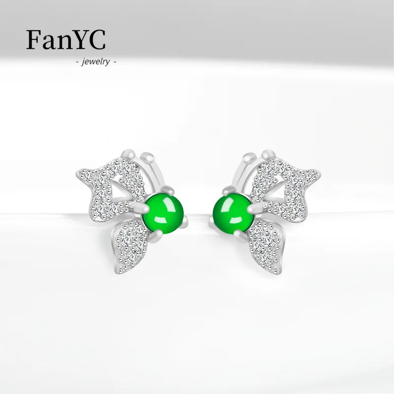 

S925 Silver with Natural Myanmar Jadeite Yang Green Butterfly Earrings Fashion Charm Ice Jade Earrings Ladies Holiday Gift