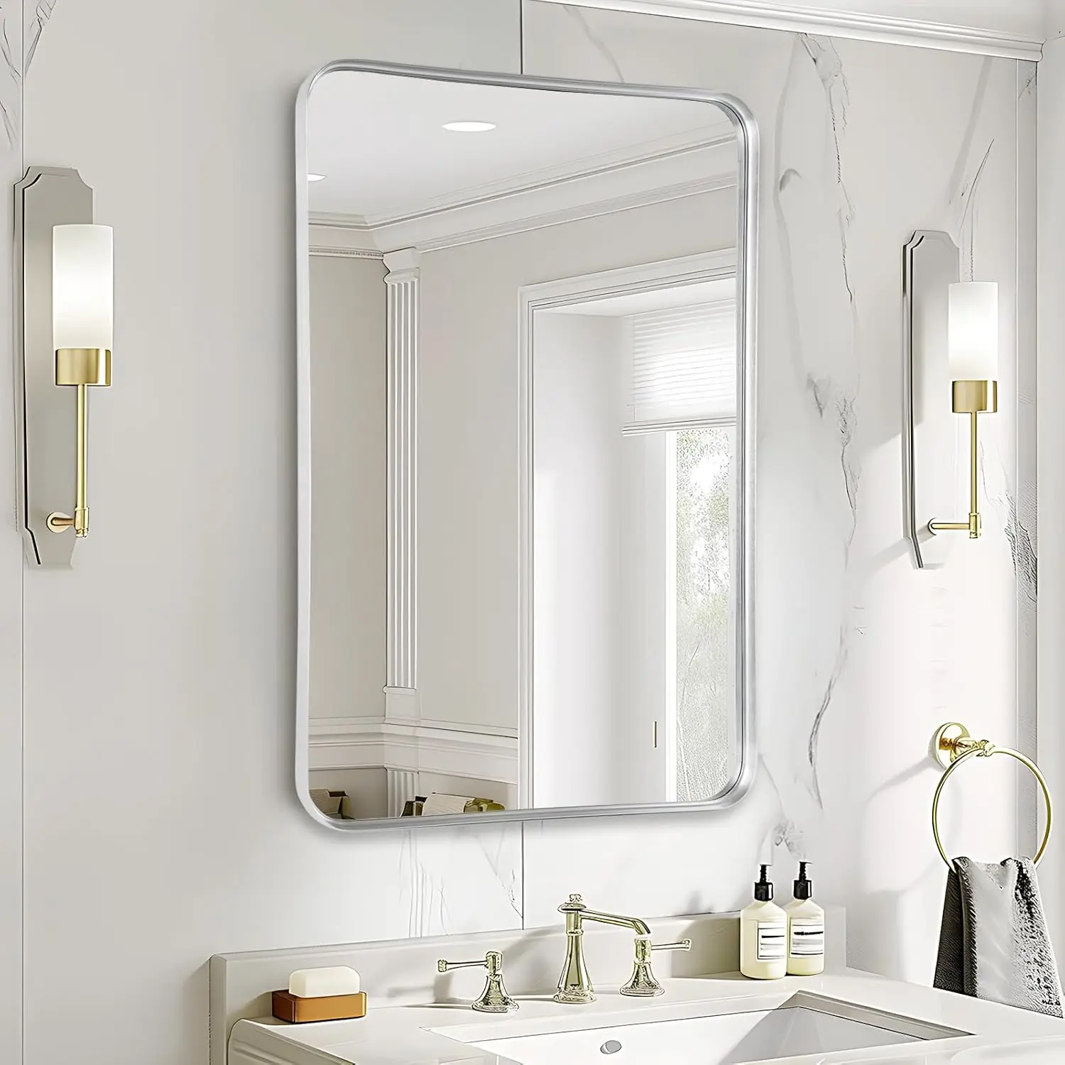 

Large Rectangular Brushed Silver Wall Mirror, 36x24 Inch Over Sink for Bathroom Bedroom Living Room Entryway Decor