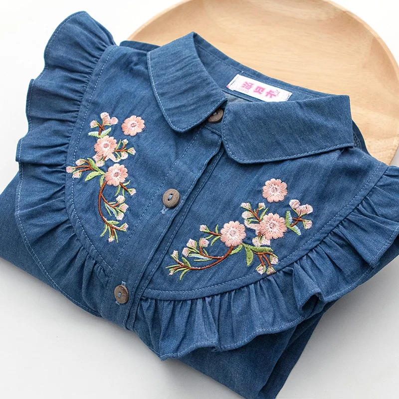 Kids Girl Denim Blouses Spring Autumn Long Sleeve Turn Down Collar Embroidered Flowers Girls Shirt 4-12Years