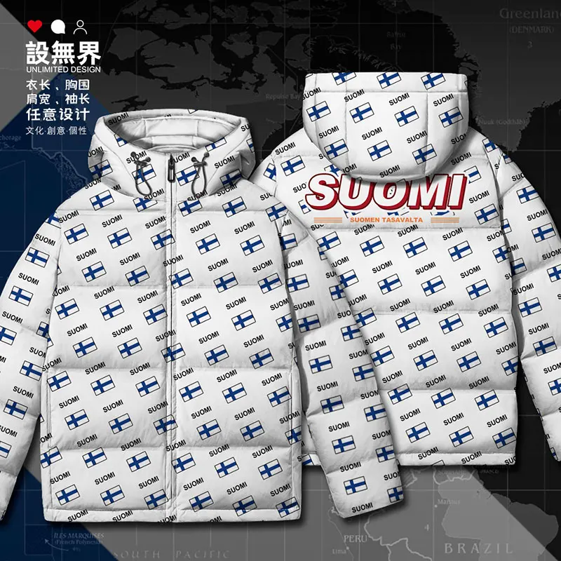 Finland Finnish Finn FIN country flag White duck down Jackets fashion mens Outdoor clothes Man printing Thick Winter down coat