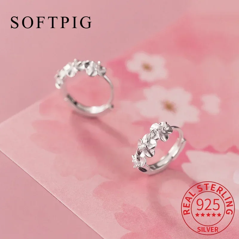 

SOFTPIG настоящее серебро 925 пробы с цирконием и цветком, серьги-кольца для женщин, милые ювелирные изделия с растениями, легкие роскошные аксессуары