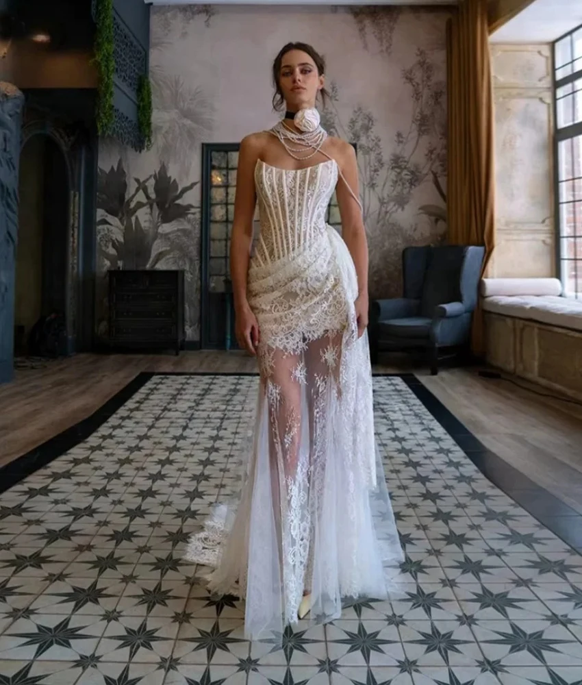 

Customized Sexy Lace Mermaid Detachable Sleeve Evening Dress High Quality Strapless Sleeveless Floor Length Celebrity Gowns