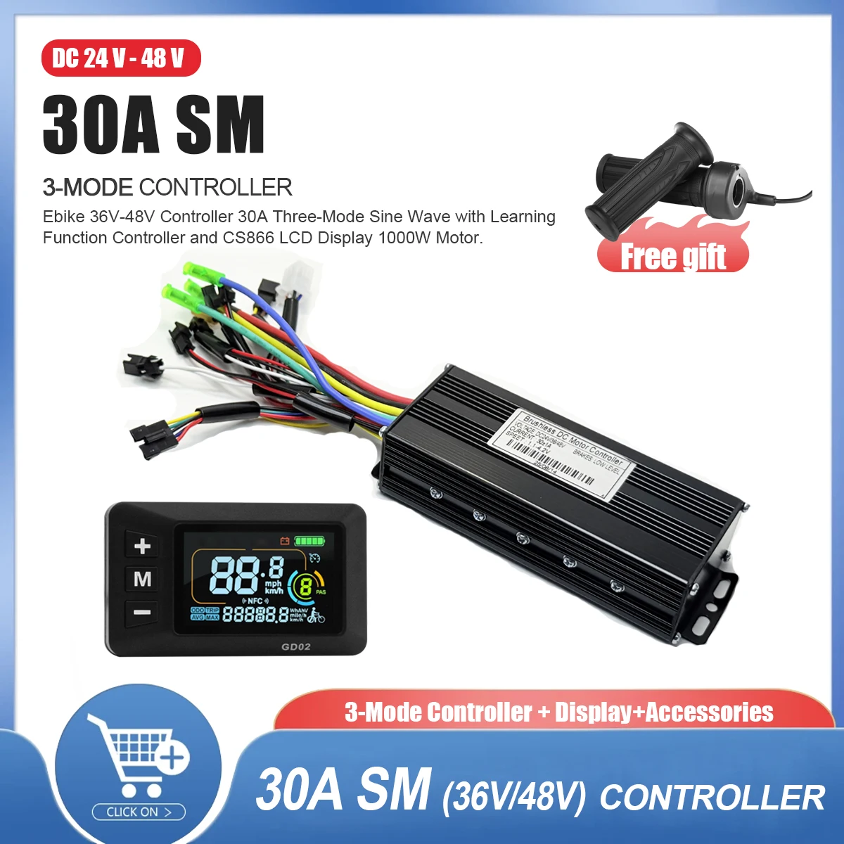 

30A Sine Wave BLDC Controller for E-Bike Kit with S869 Color display 36V/48V 1000W Electric Bicycle Ebike E-Scooter Parts