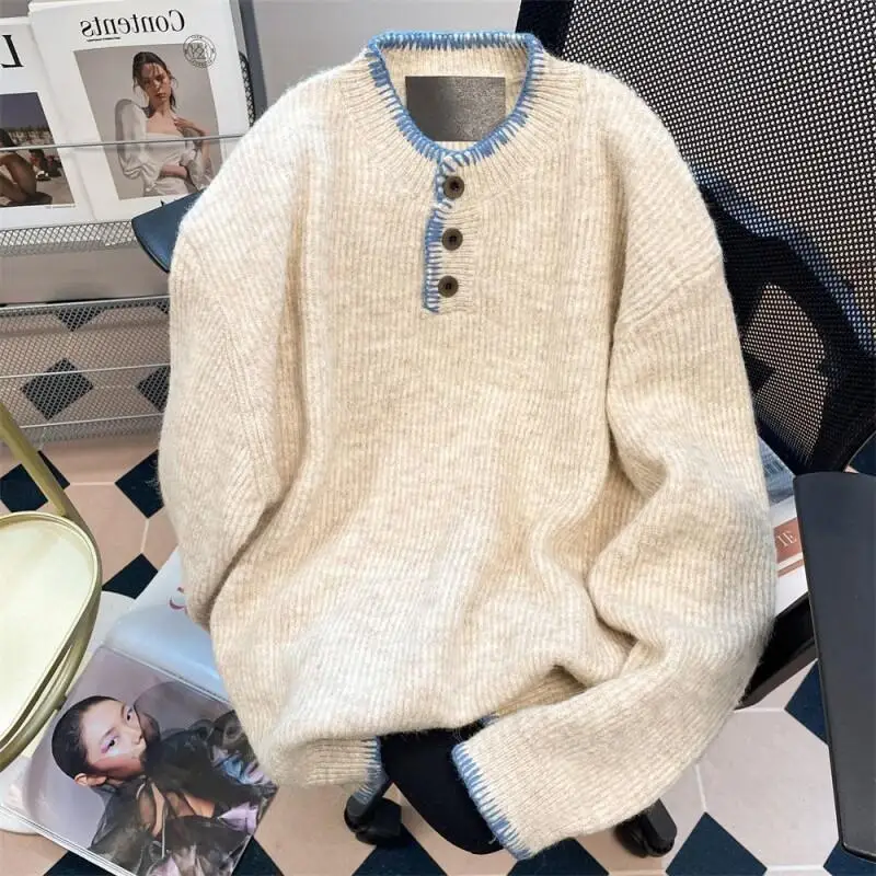 

Новый женский свитер в японском стиле, весенне-осенний, свободного кроя, премиум-класса, с цветными блоками, с воротником, мягкий вязаный свитер из хлопка