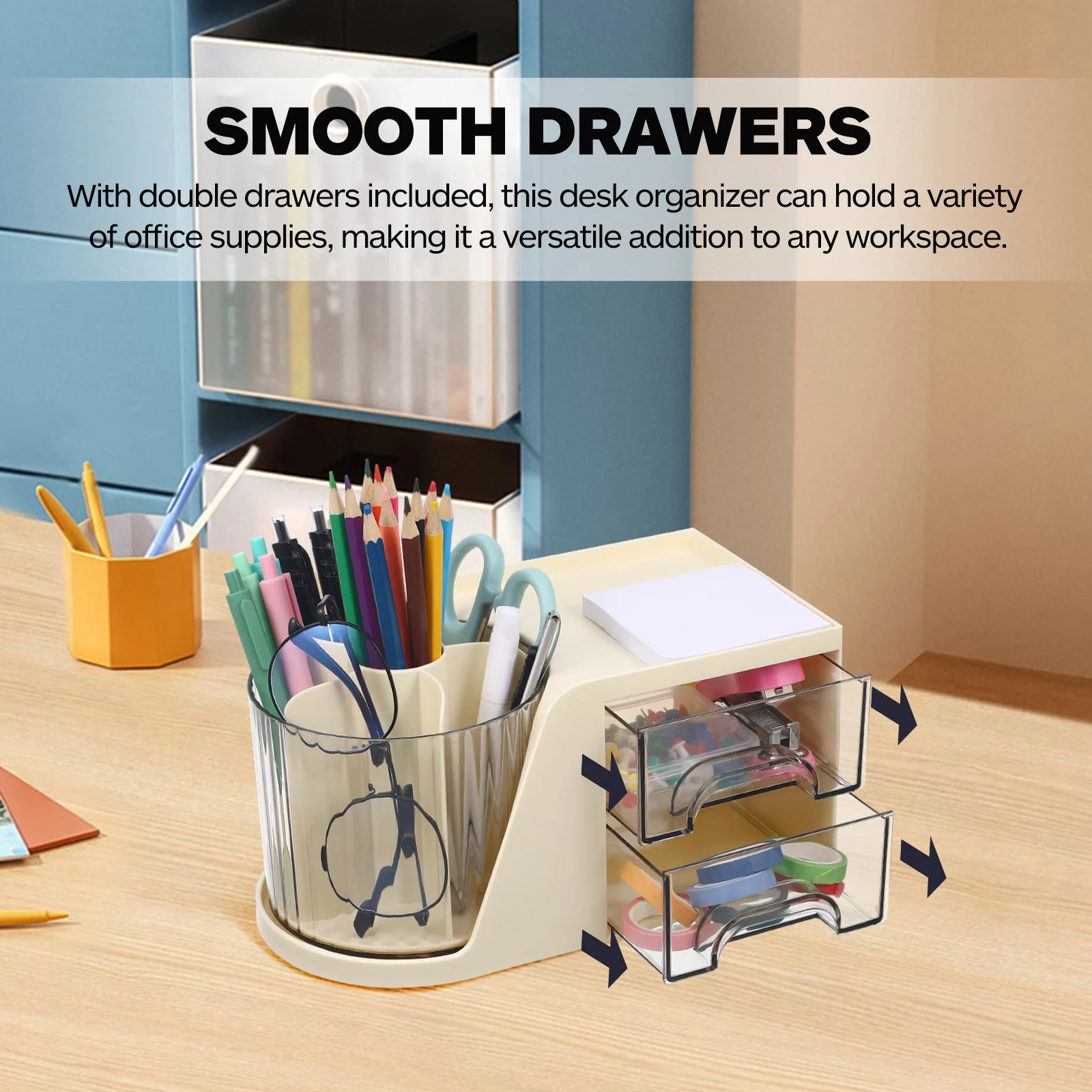 

Desk Organizer Rotatable Pen Holder Stationery Organizer Smooth Drawers Versatile Storage Sleek Modern Design Desk Storage Case