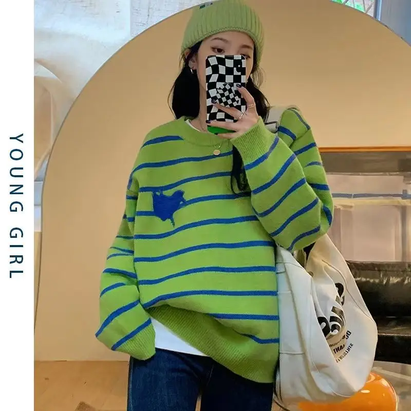 Women Clothing Elegant Fashion Green Striped Sweater Autumn Winter Korean Version All-match Loose Sweater O-neck Long Sleeve Top