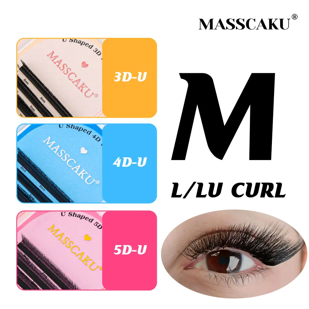 MASSCAKU 3D 4D 5D U Eyelashes L/LU/M Curl Matte Black Double Tips Natural Soft Premade Fans Volume False New U-Shaped Lashes