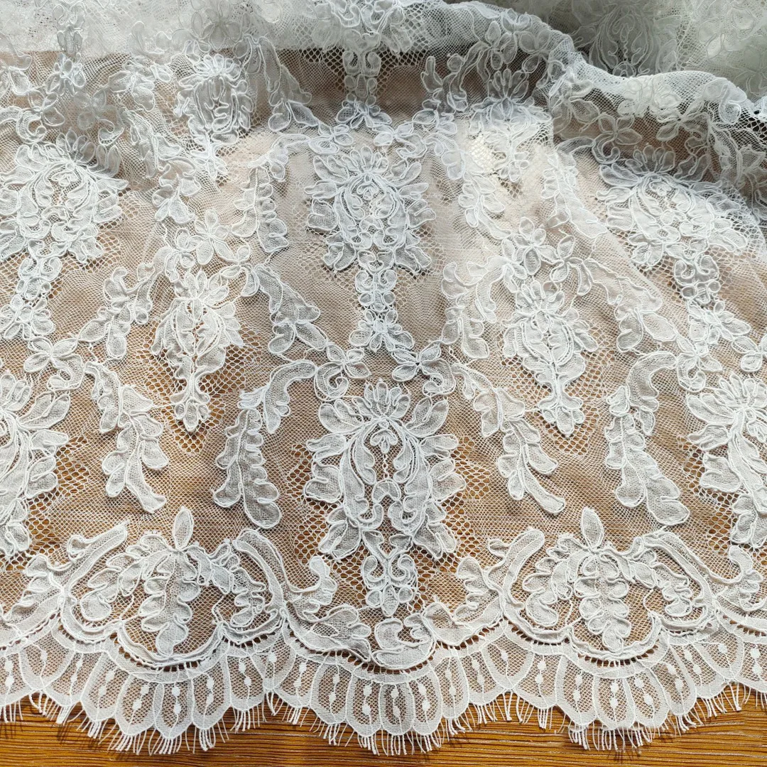 ELYDAISY Ivory 3D Bone Cord French Eyelash Lace Fabric for Wedding Dresses Sewing Craft Tulle Floral Embroidery Lace 3 Meters