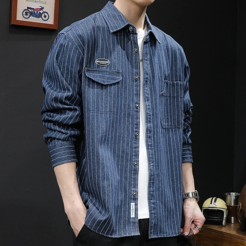 

Свободная мужская джинсовая рубашка с длинным рукавом для осени и весны, модная верхняя одежда, классический крой, молодежный тренд, износостойкая.
