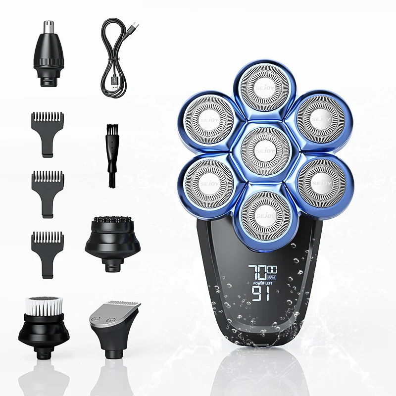 Sejoy 7D Elektrischer Kopfrasierer für Glatzköpfige Männer 6-in-1 Rasierer mit Nasenhaartrimmer Wasserdichtes Multifunktionales Männer-Pflegeset