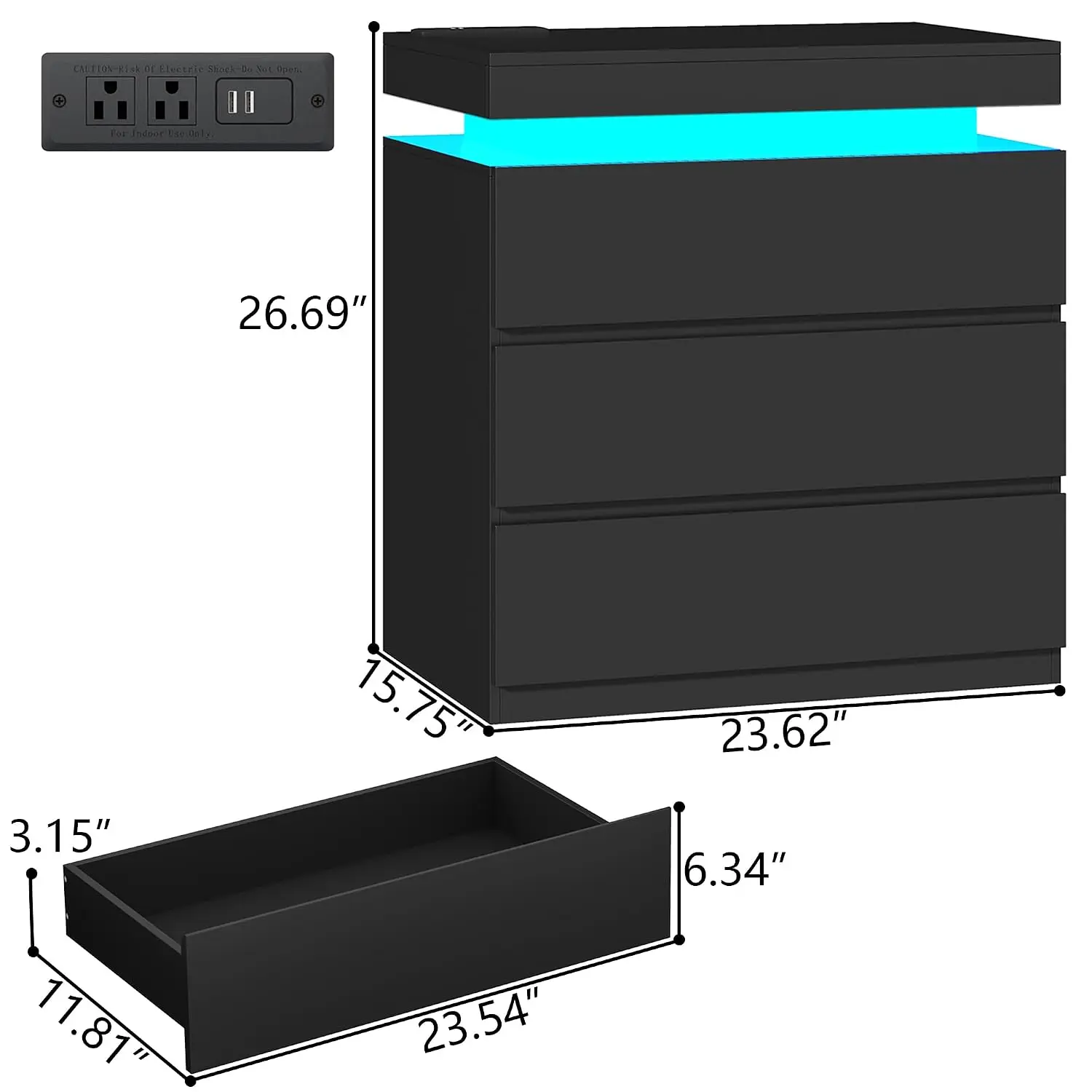 Black Nightstand with Charging Station & LED Lights 3 Drawers Modern Bedside Table Bedroom Living Room End Table, Customized