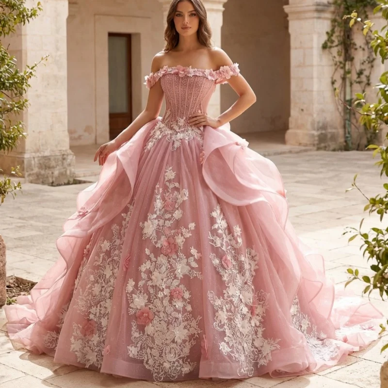 

Pink Quinceanera Dress glitter crystal Decal 3D flower Lace layering Long tail Bow Vestidos De 15 Quinceanera ﻿Customize