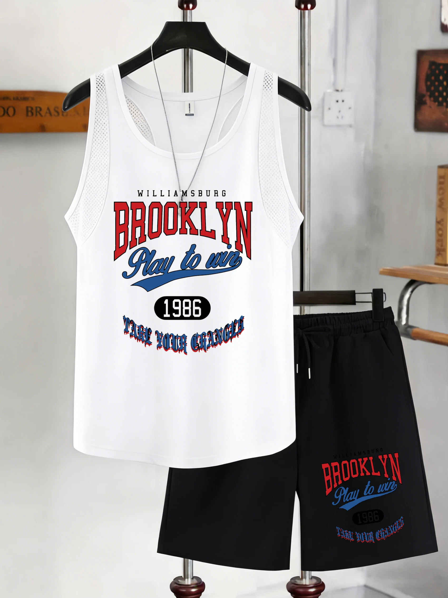 

Комплект с сетчатой жилеткой и принтом Brooklyn Play To Win New York, мужские летние мягкие шорты, футболка без рукавов с круглым вырезом, модный спортивный комплект унисекс