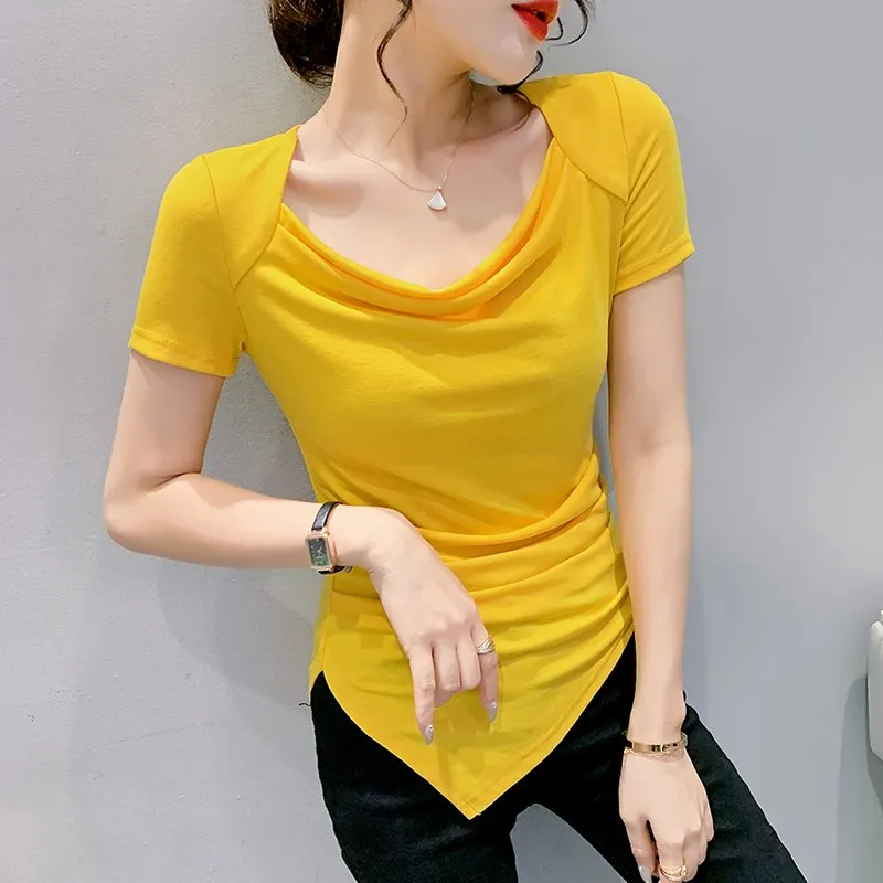 

Женский летний топ Slim Fit с асимметричным кроем, новый, универсальный, модный, в корейском стиле, с V-образным вырезом