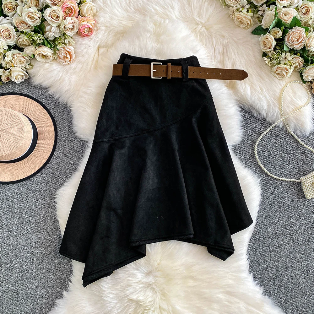 TWOTWINSTYLE Vintage Solid Suede Fabric Skirts For Women High Waist Autumn Temperament Irregular Ruffle Skirt Female KSK553267