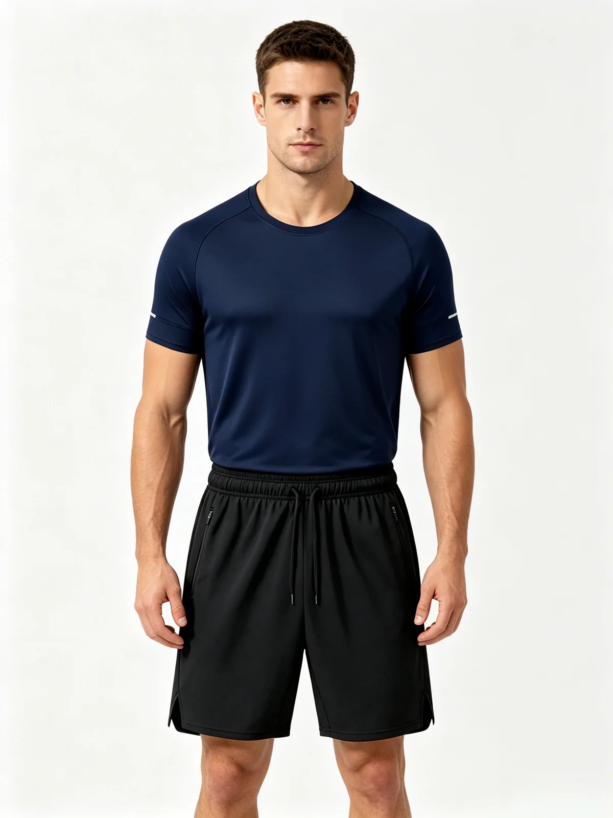 Men's Summer Casual Sports Suit Two-piece Quick-drying Breathable Short-sleeved Drawstring Zipper Pocket Shorts