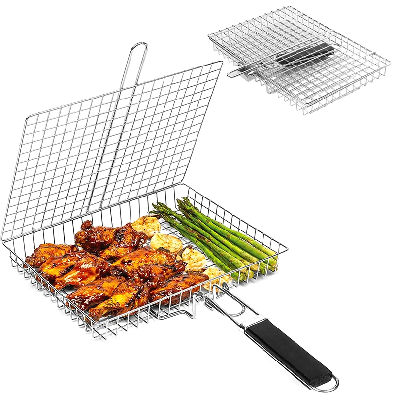 Grill Basket Folding Portable Stainless Steel BBQ Grill Basket With Handle For Fish Vegetables Shrimp Cooking Accessories