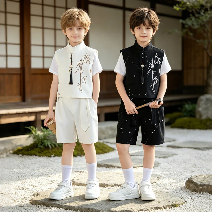 Boys Chinese Tang Suit Set Glitter Bamboo Butterfly Embroidery Vest, Shirt, Pleated Shorts & Tie for Wedding Party Photoshoot