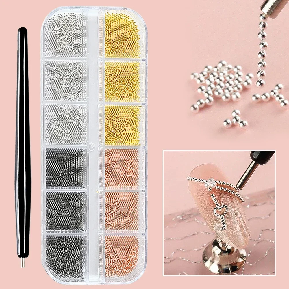 12Grids Mini Kaviaar Kralen Nail Art Decoraties Metaal Goud/Zilver Micro Ball Nail Charms Magnetische Pen 0.5 ~ 3mm Bal Nagel Sieraden