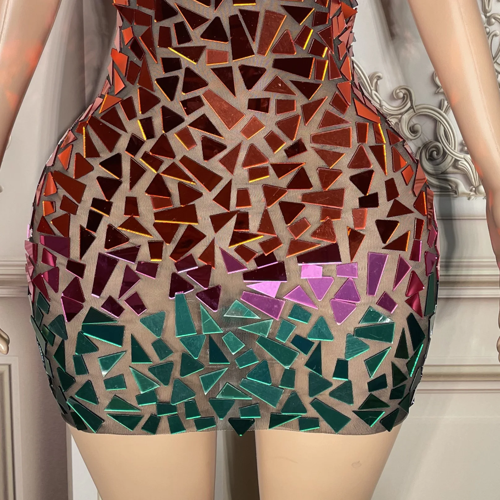 의상 패션 여성 느슨한 드레스 섹시한 메쉬 투명 거울 장식 조각 클럽 복장 Vestidos Piedras Brillantes 여성용 드레스