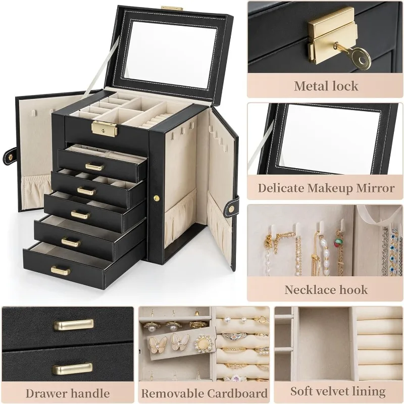 Large Jewelry Box for Women, Leather Jewelry Organizer with Mirror & Lock, 6-Tier Jewelry Storage Case for Girls/Women/Mothers