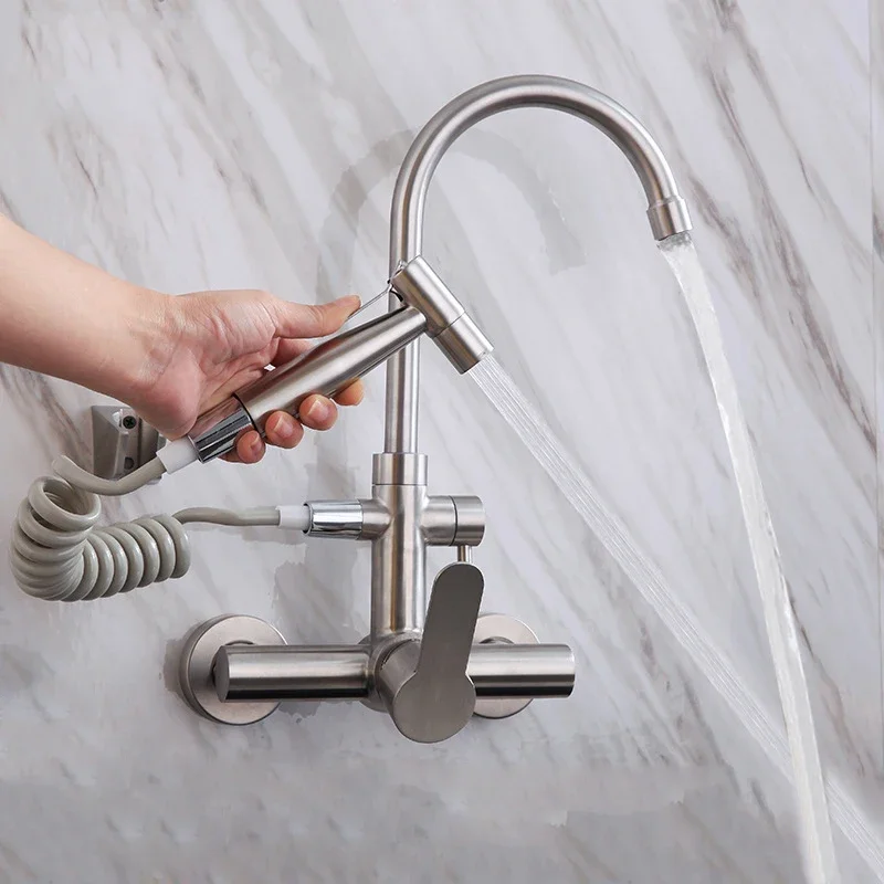 

Stainless Steel Wall Mounted Kitchen Faucet Wall Kitchen Cold Hot Water Mixers Sink Tap Swivel with Bidet Sprayer Shower Head