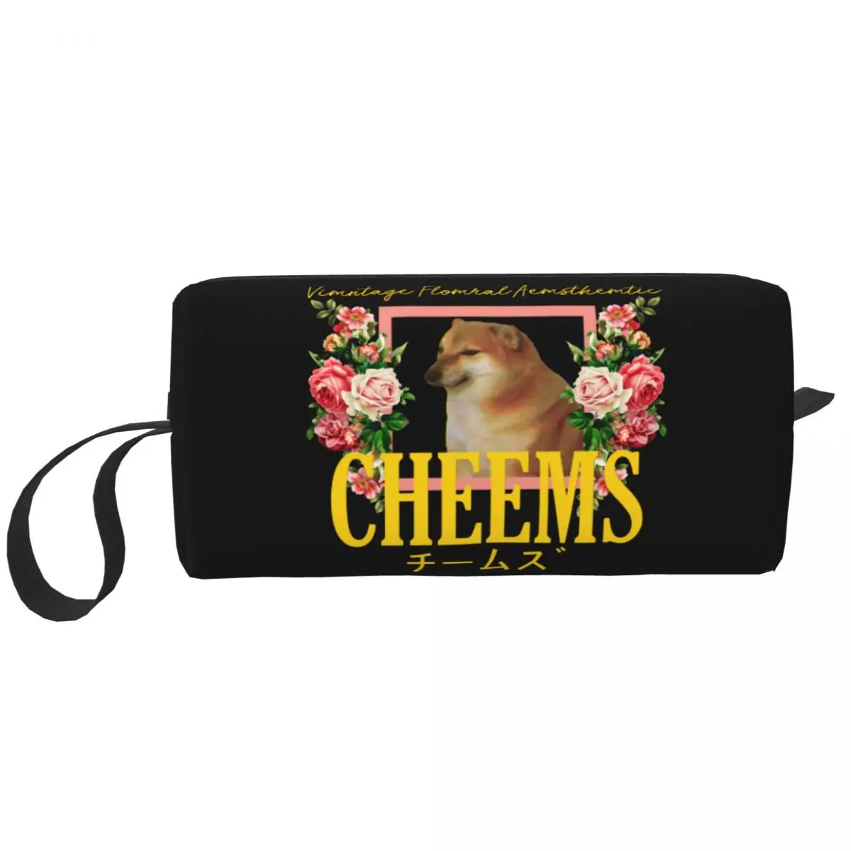 Cheems Vintage Floral Aesthetic Travel Cosmetic Bag Shiba Inu Meme Toiletry Makeup Organizer Ladies Beauty Storage Dopp Kit