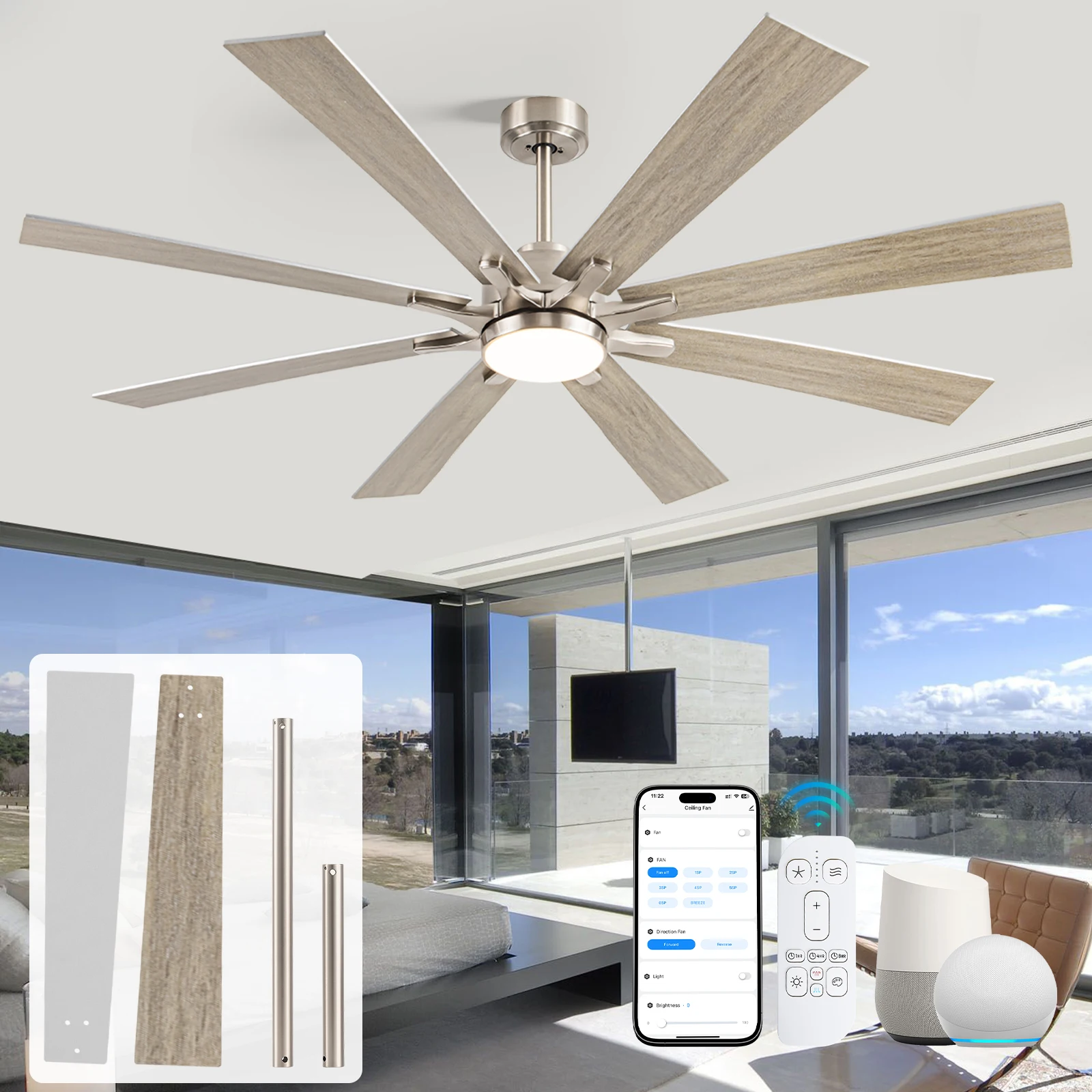 Smart Alexa Electric Modern Farmhouse LED Ceiling Fan 8 Dual Finish Brushed Nickel Blades Moisture-proof Outdoor Household