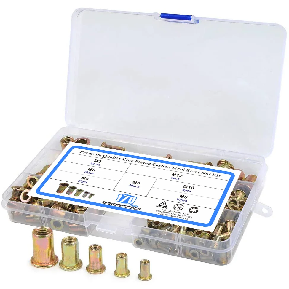 Picture 6: Metric Rivet Nut Assortment Kit(170 Pcs) M3 M4 M5 M6 M8 M10 M12 Flat Head Rivnut Set,Zinc Plated Finish Carbon Steel Nutsert