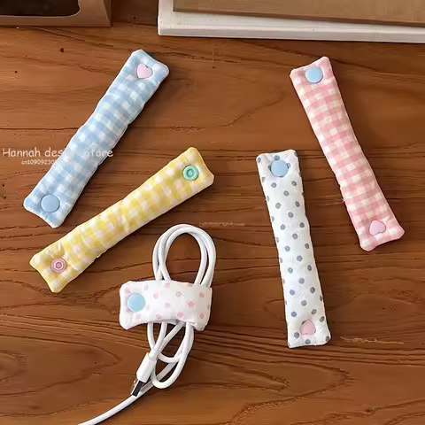 Fabric Bowknot Grid Data Cable Tie INS Cloth Cord Organizer, Cute Reusable Wire Binding Straps For Earphone/Data Cables