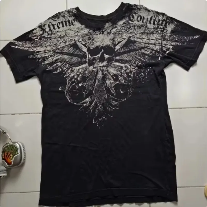 3D Printed American Retro Goth Y2K Affliction Style Streetwear Tee Gothic Skull Cross Print Trendy Graphic T-shirts Men Clothing