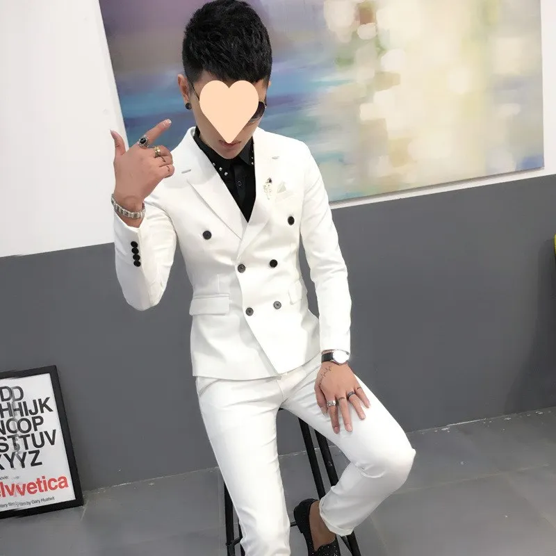 

Slim Fit Men's Wedding Suit Bla Double Breasted Jaet And Pants Ensemble Korean Sle Briti Coat for Men Faionable