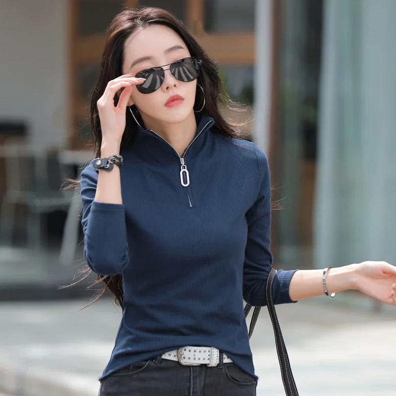 #0341 Elastic Cotton Turtleneck T Shirt Women With Zipper Korean Fashion Long Sleeve T-shirts Solid Color Women\'s Tee Shirt Sexy