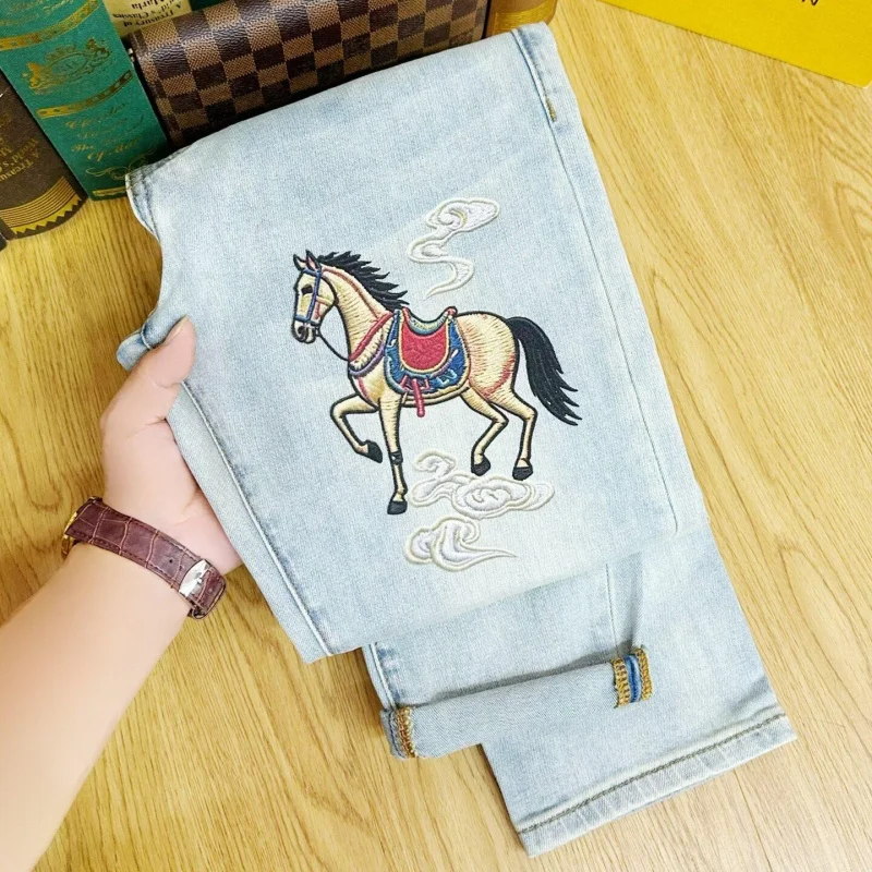 Summer 2026 Men's Daily Long Denim Pants Stylish Digital Graphic Print Fine Craft Versatile Soft Slim Straight Jeans For Men