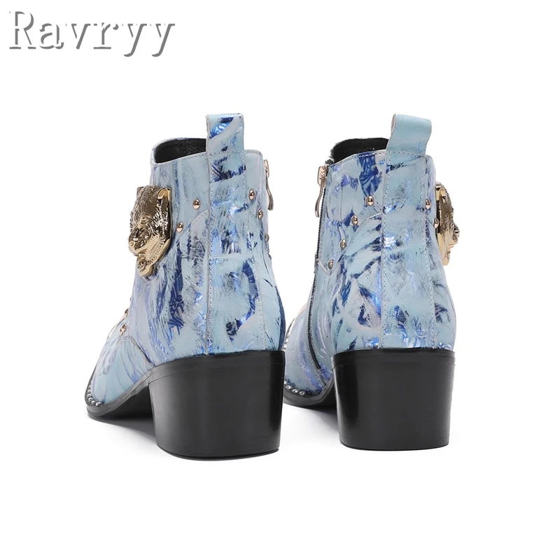 Luxury Brand Genuine Leather Prints Men Boots Metal Capped Toe Rivets Zip Ankle Boots Elegant Male Luxury Dress Wedding Shoes